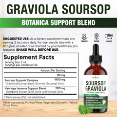 NEW AGE Soursop Drops ingredients panel highlighting elderberry and vitamin C for a nutrient blend