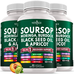 NEW AGE Soursop Supplement bottle showing a full-spectrum wellness blend for daily routines