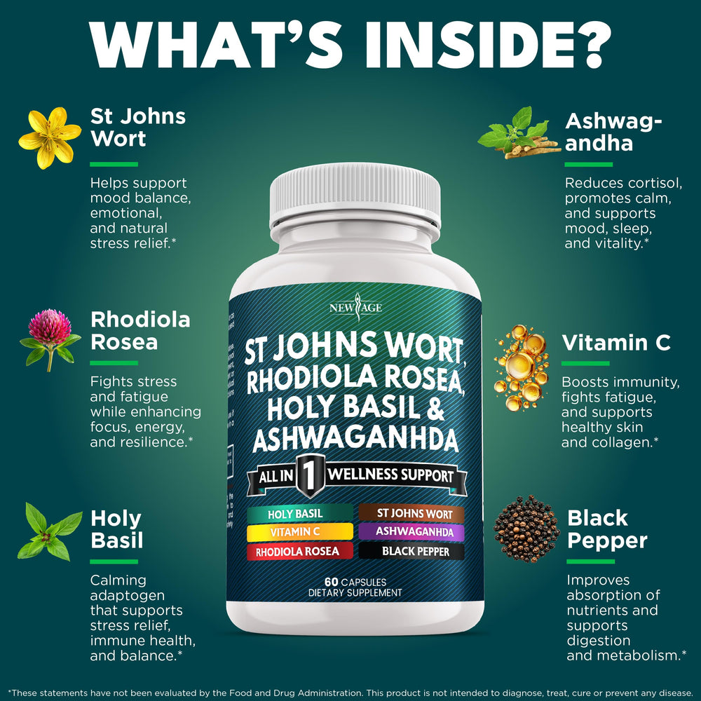 New Age St Johns Wort capsules close-up for daily use