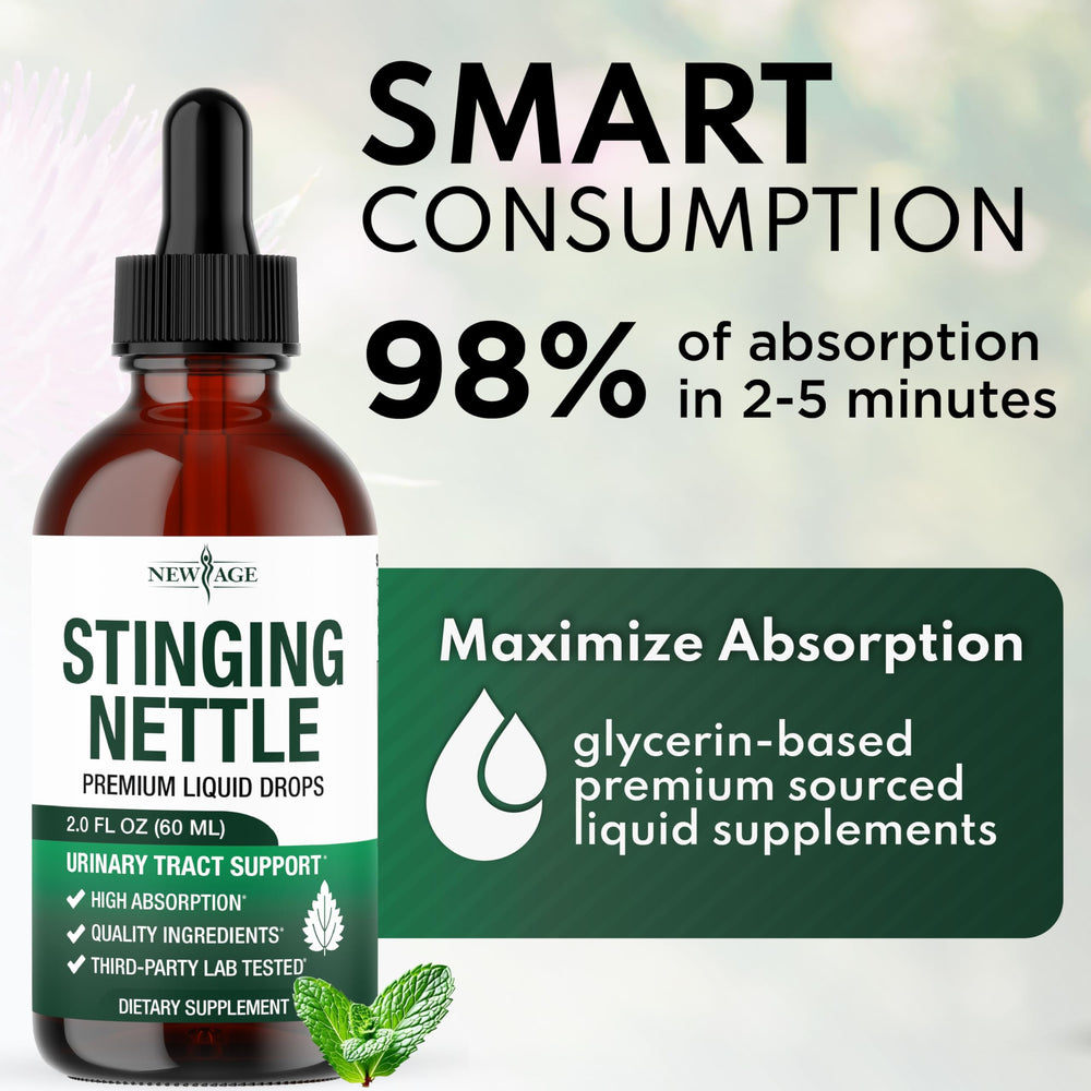NEW AGE Stinging Nettle Root Drops on wooden table with nettle plant sprigs
