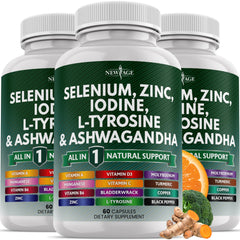NEW AGE thyroid support bottle label highlighting trusted ingredients for daily wellness