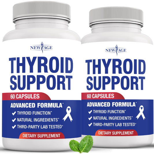 New Age Thyroid Support bottle shows comprehensive minerals for daily thyroid wellness.
