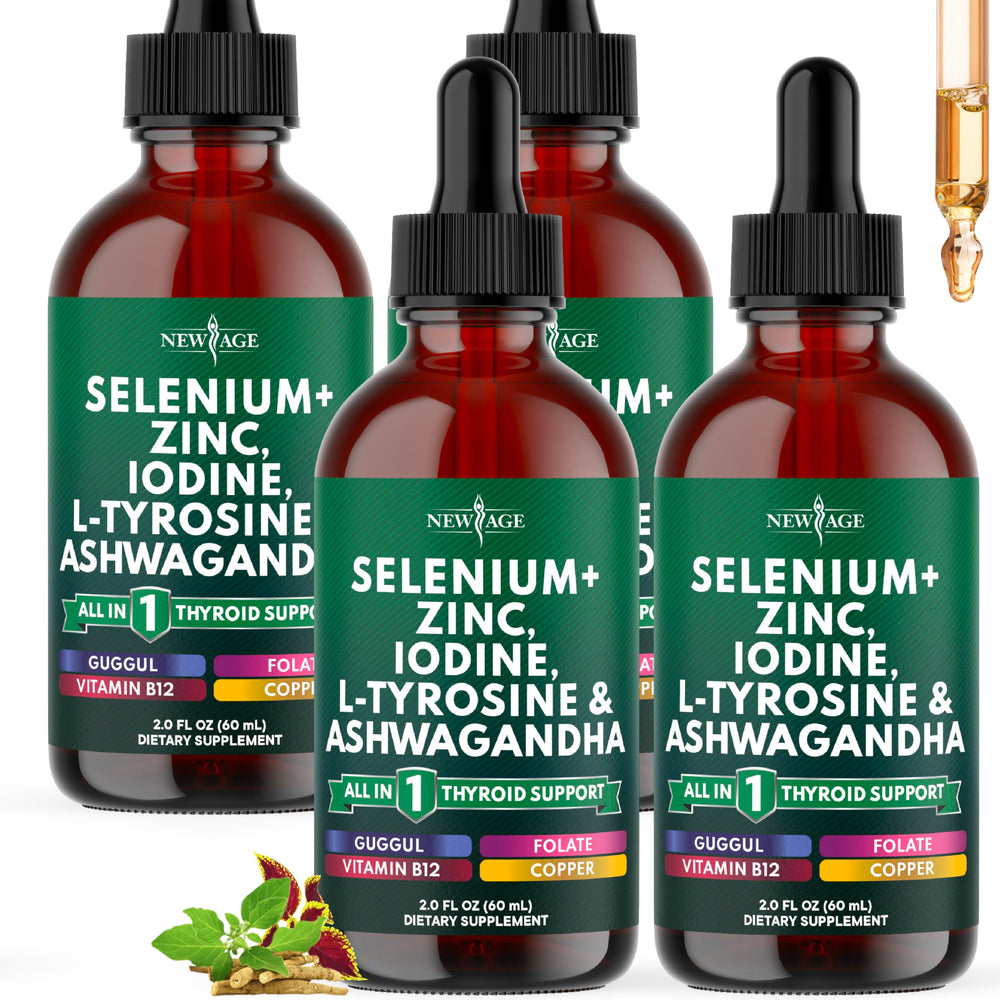 NEW AGE Thyroid Support Drops bottle view highlighting alcohol-free, vegan formula for daily wellness.