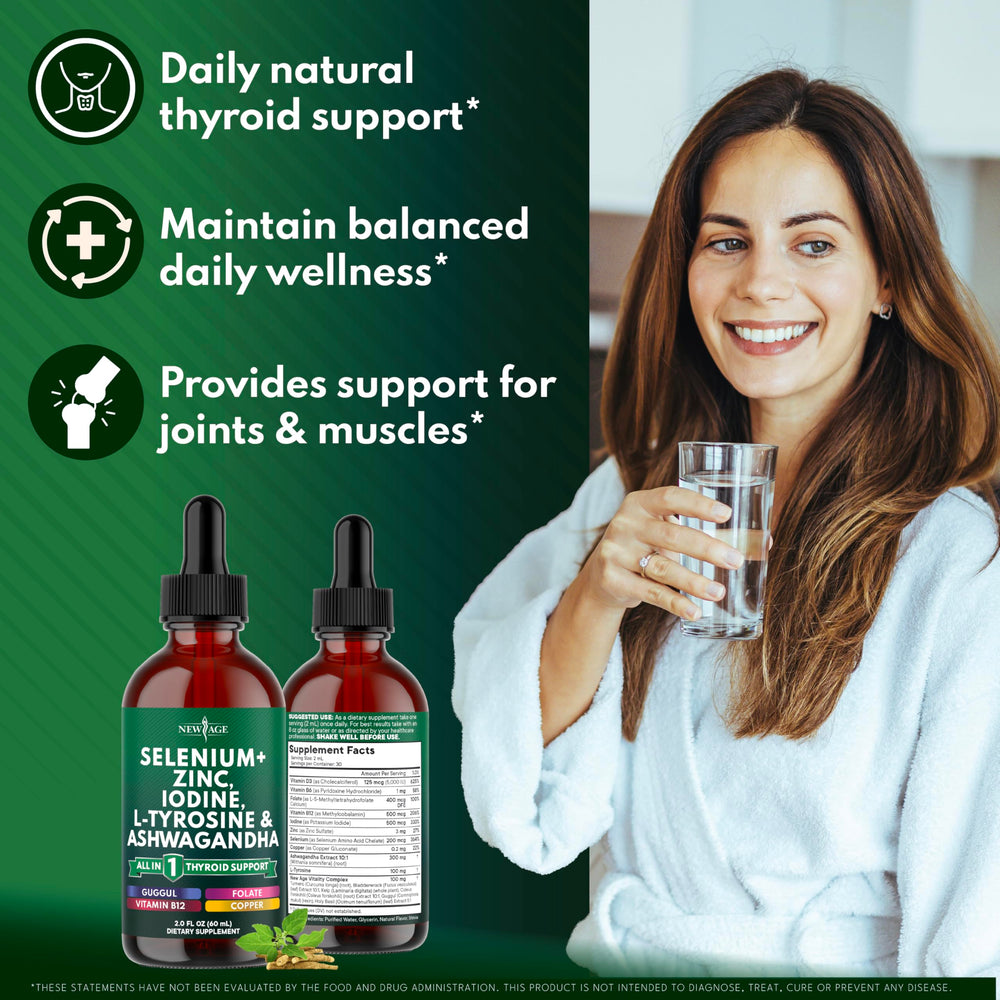NEW AGE Thyroid Support Drops label closeup emphasizing clean, alcohol-free formulation.