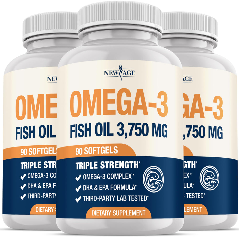 NEW AGE Triple Strength Omega-3 bottle-front showing high potency EPA/DHA for daily wellness
