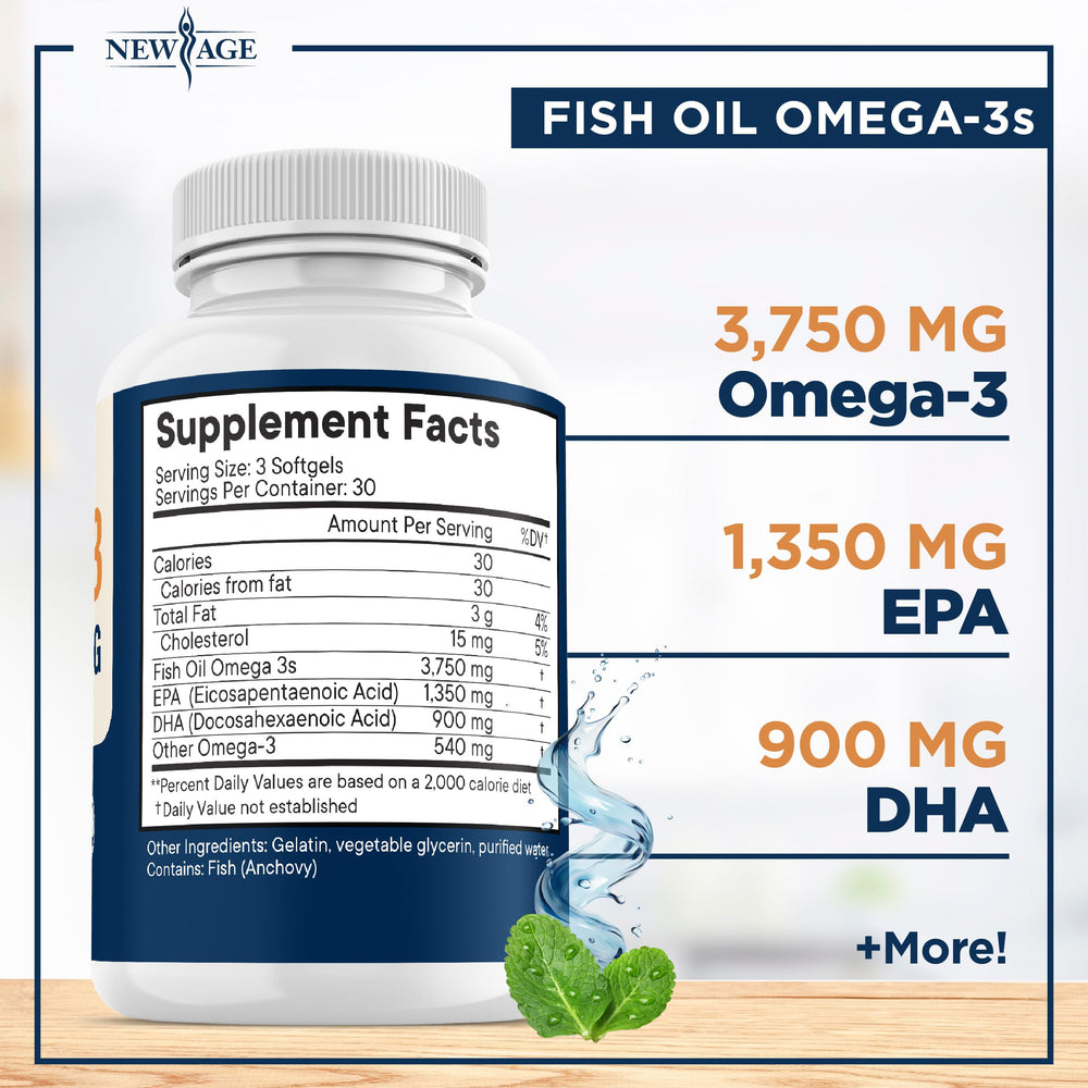 NEW AGE Omega-3 bottle-label highlights 1350 mg EPA and 900 mg DHA per serving