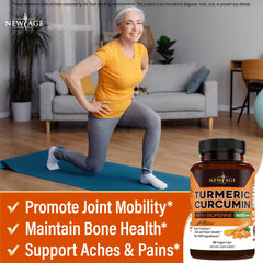 NEW AGE Turmeric Curcumin Capsules close-up of capsules illustrating easy-to-swallow soft gels.