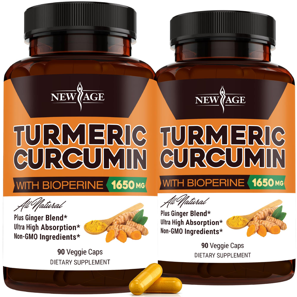NEW AGE Turmeric Curcumin capsules front bottle for daily supplement routine.