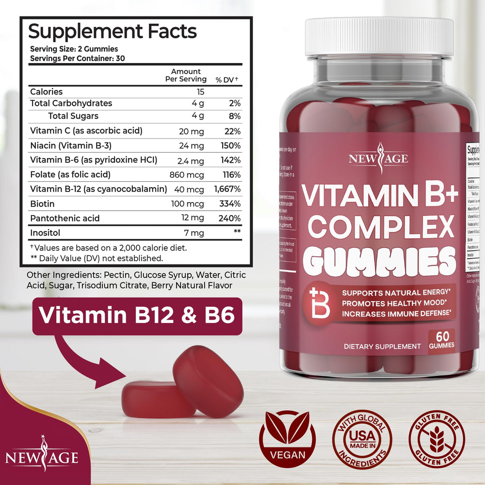 New Age Vitamin B Complex Gummies jar showing berry color and texture for daily wellness.