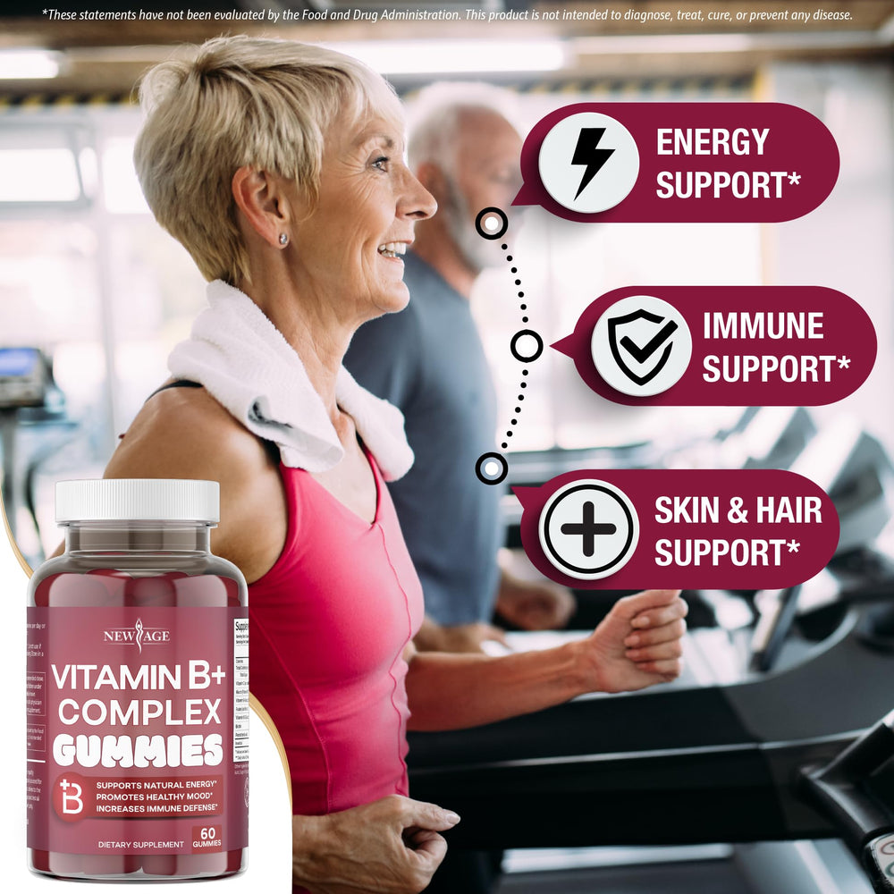 New Age Vitamin B Complex Gummies label; vegan and gluten-free features.