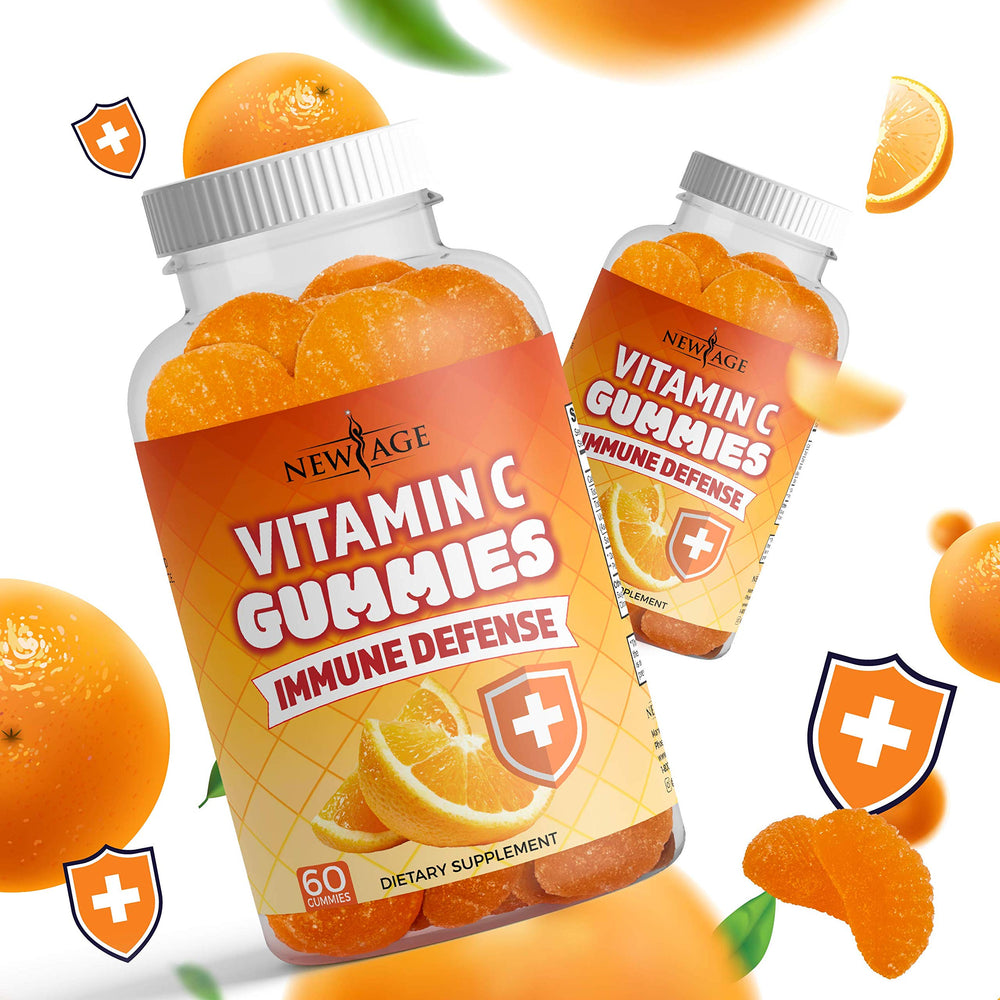 Child-friendly NEW AGE Vitamin C Gummies bottle on kitchen counter