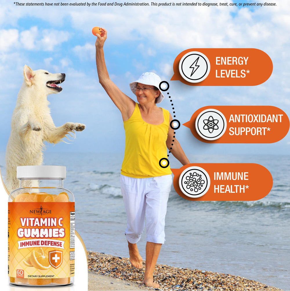 Close-up of NEW AGE Vitamin C Gummies highlighting the orange flavor.