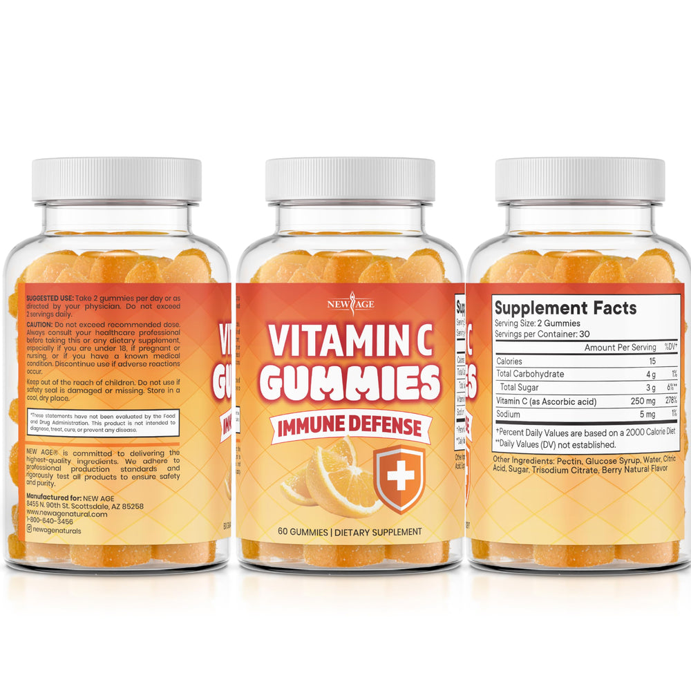 Travel-friendly bottle of NEW AGE Vitamin C Gummies for on-the-go.