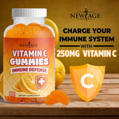 Vegetarian and gluten-free badge on NEW AGE Vitamin C Gummies packaging