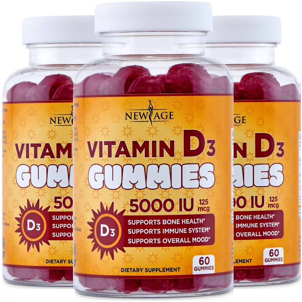 New Age Vitamin D3 Gummies bottle with 5000 IU per serving for daily wellness
