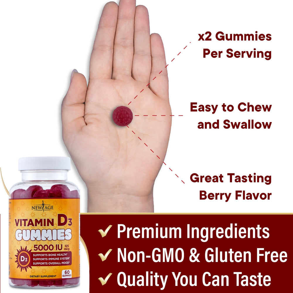 New Age Vitamin D3 Gummies label highlighting purity and third-party testing