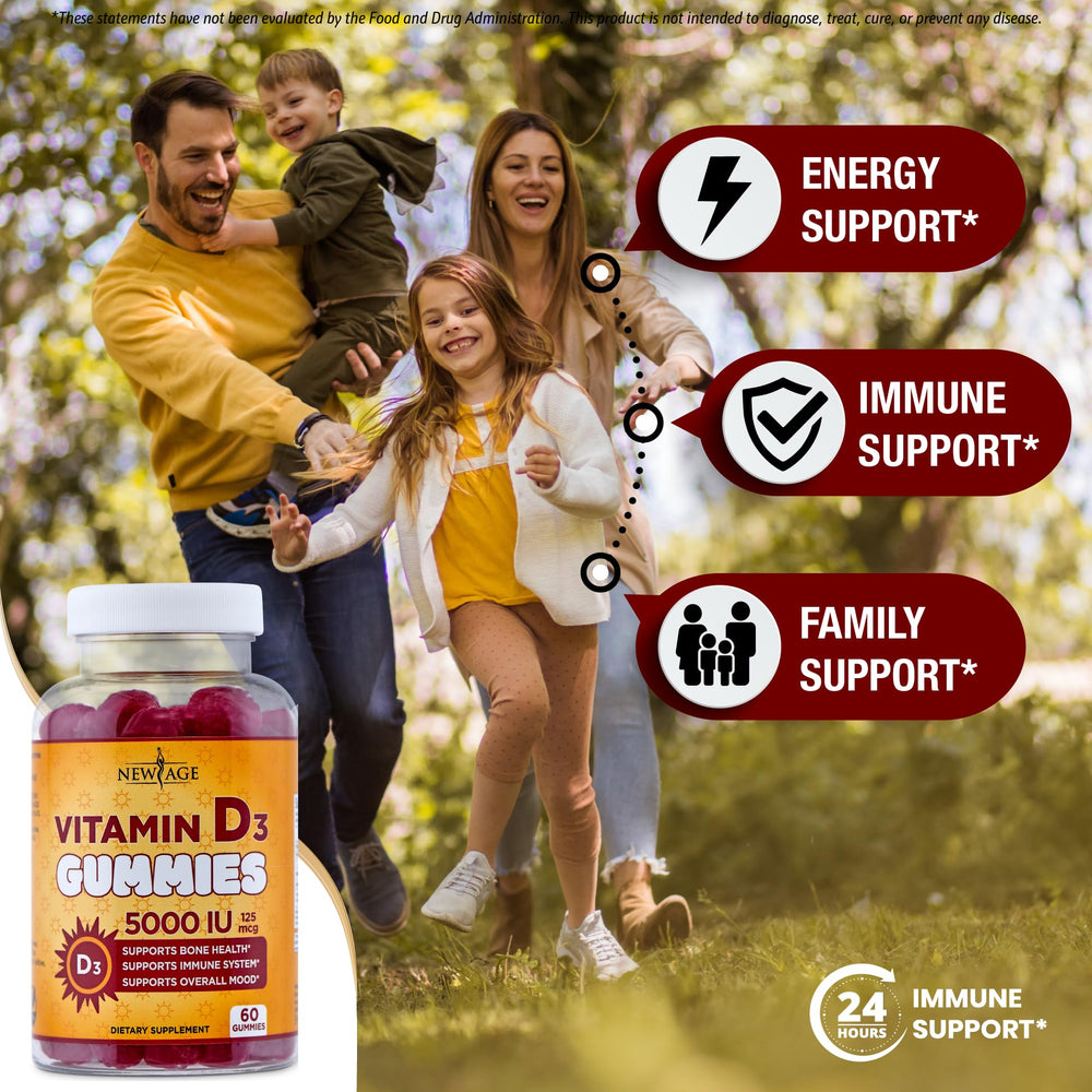 Two NEW AGE vitamin D3 gummy bottles for a convenient daily routine