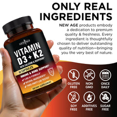 NEW AGE dosage information card outlines simple daily use for vitamin d3-k2.