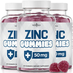 New Age Zinc Gummies bottle displays 180-count pack for convenient daily immune support.