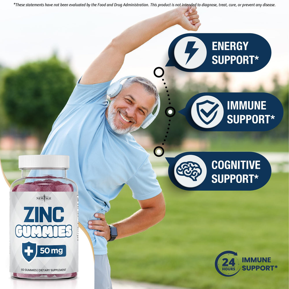 NEW AGE Zinc Gummies ingredients label emphasizes non-GMO and allergen-free formulation.