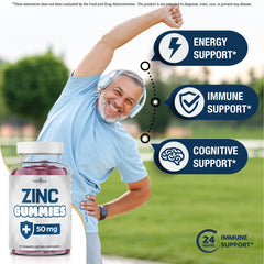 New Age Zinc Gummies label close-up shows allergen-free and non-GMO properties.