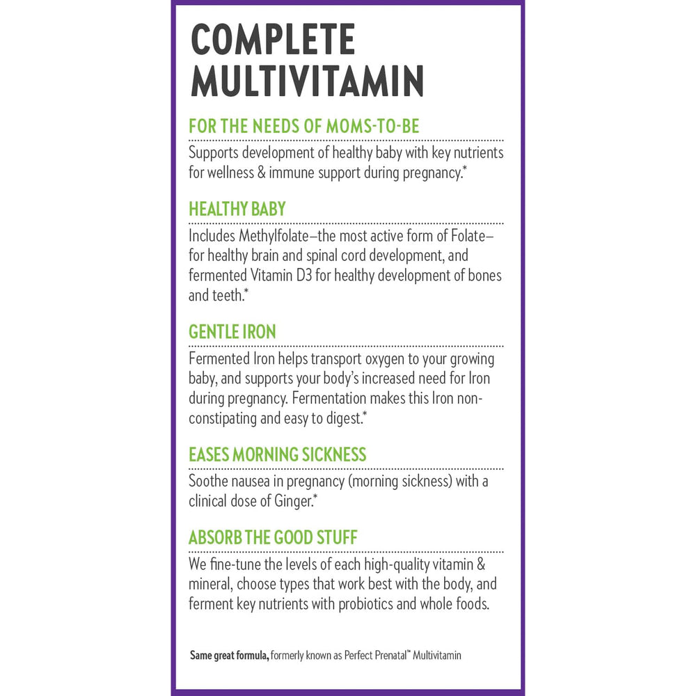 Non-GMO, vegetarian, gluten-free certifications on New Chapter Prenatal bottle.