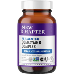 New Chapter B Complex bottle closeup shows fermented formula for easy digestion