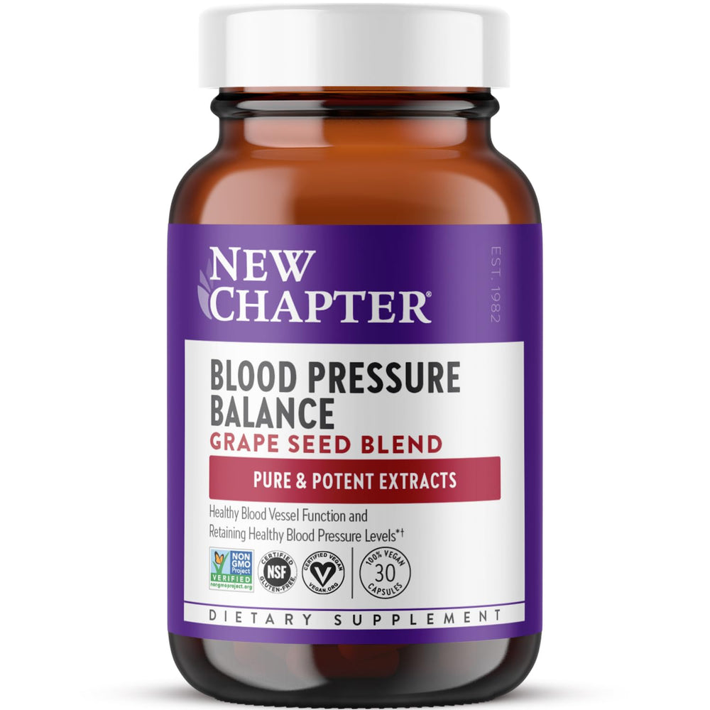 New Chapter Blood Pressure Take Care bottle label highlighting vegan, non-GMO formula for daily support