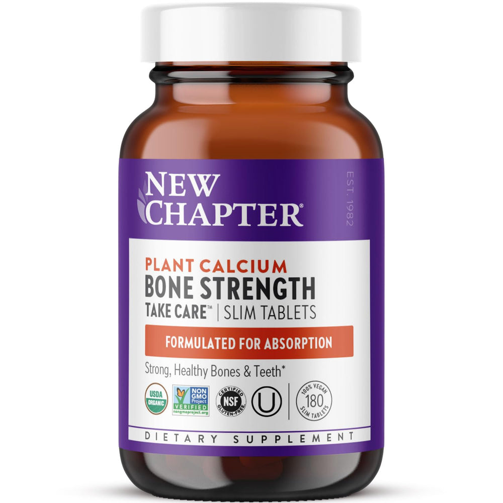 New Chapter calcium supplement bottle front — plant-based calcium for bone support.