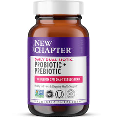 New Chapter Daily Dual Biotic bottle showing 60 capsules for digestion support
