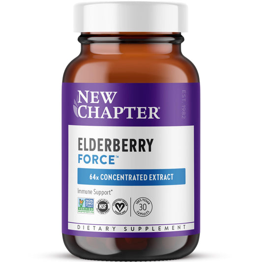 New Chapter elderberry capsules bottle highlighting 64x concentrated elderberry for daily immune support