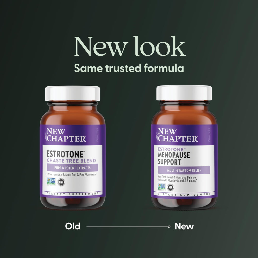 New Chapter Estrotone label closeup emphasizing herbal blend and hormone-free formula.