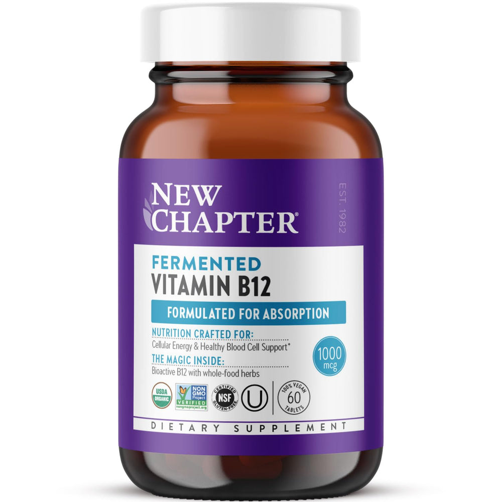 New Chapter fermented B12 bottle showcasing vegan organic formula for daily energy support.