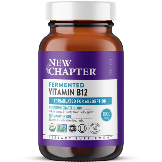 New Chapter fermented B12 bottle showcasing vegan organic formula for daily energy support.
