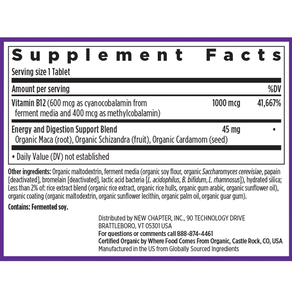 New Chapter B12 ingredient list featuring bioactive methylated B12 and maca.