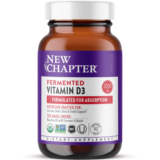 New Chapter Fermented Vitamin D3 bottle shows daily dose and benefits.