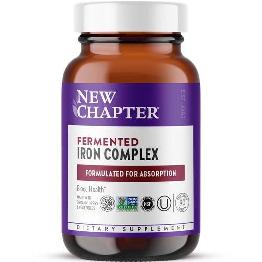 New Chapter iron bottle front view shows fermented, easy-absorption formula.