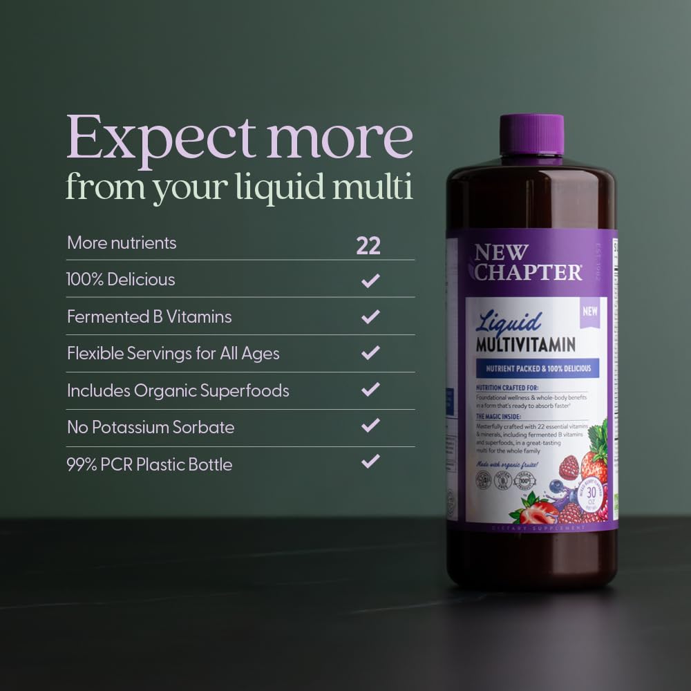 New Chapter liquid multivitamin suitable for ages 2 and up for family wellness.