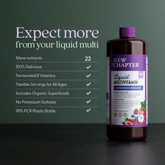 New Chapter liquid multivitamin suitable for ages 2 and up for family wellness.