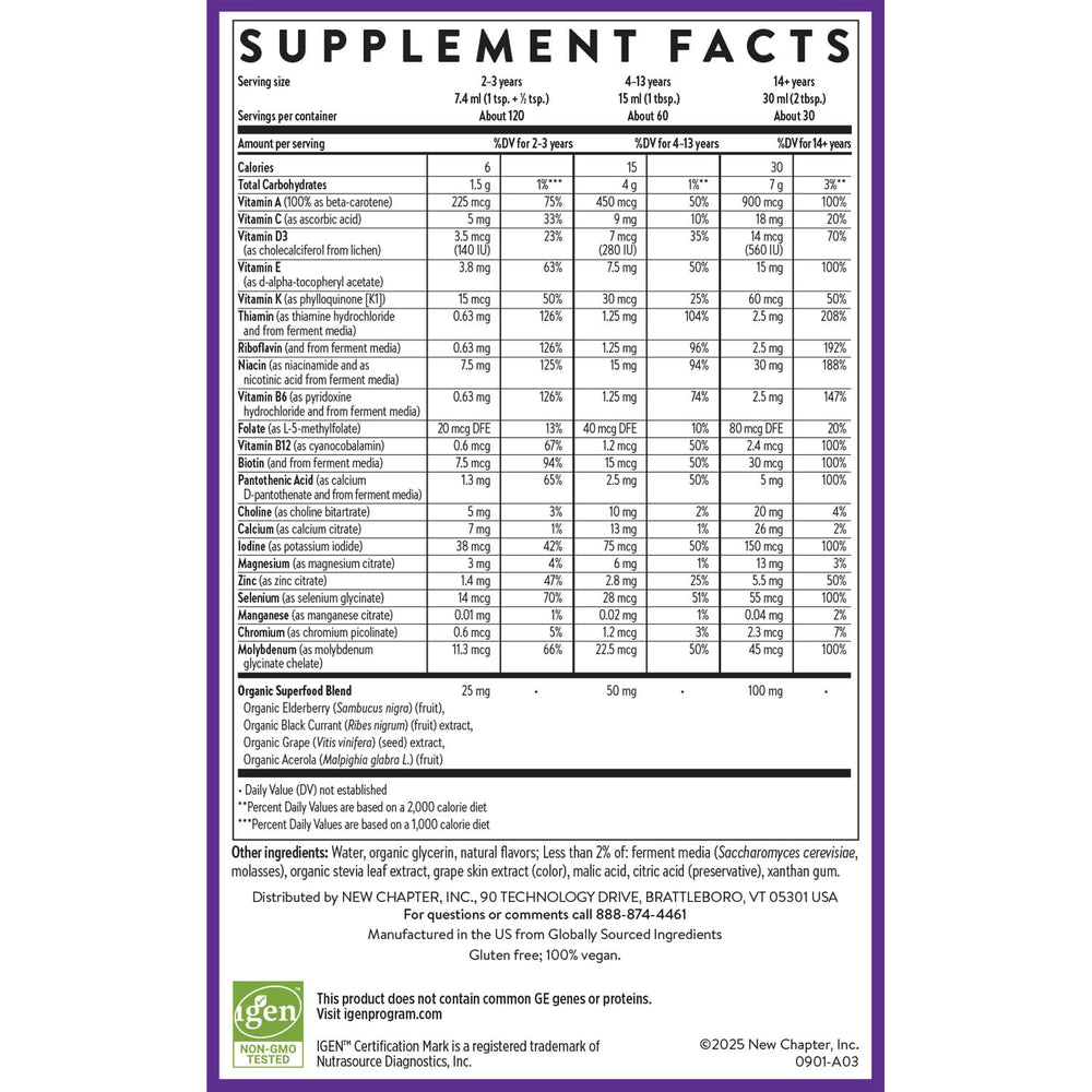 New Chapter liquid multivitamin gluten-free non-GMO vegan formula.
