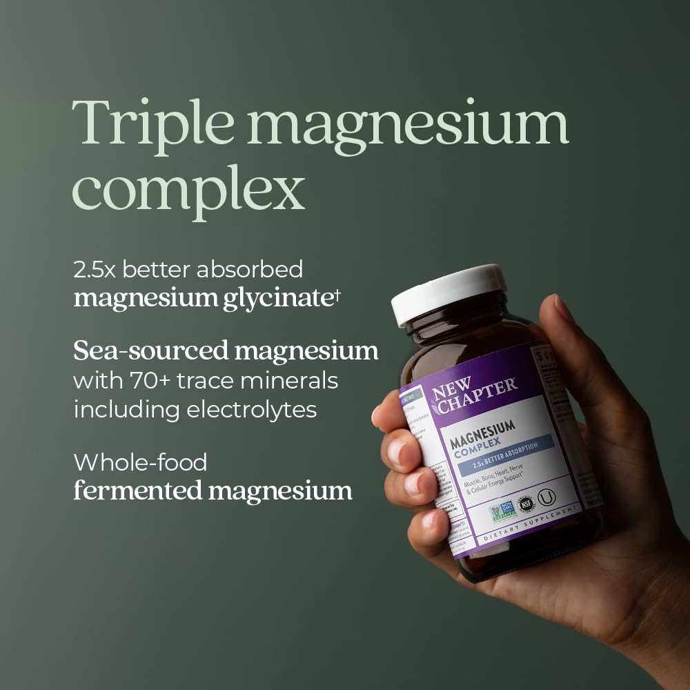 New Chapter Magnesium Complex tablets closeup illustrates small, easy-to-swallow tablets for daily use.