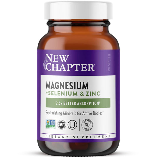 New Chapter magnesium-selenium-zinc tablet bottle supports post-exercise recovery with essential minerals