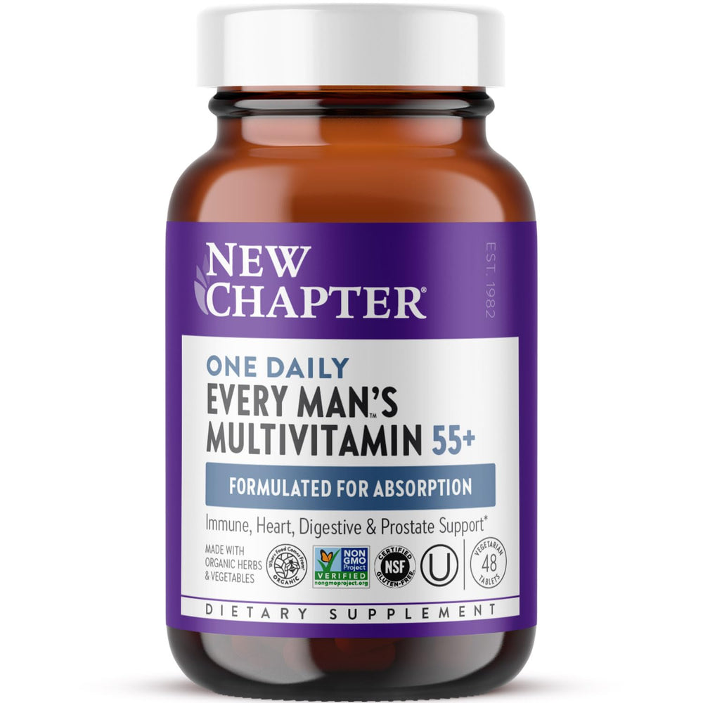 New Chapter Men’s Multivitamin 55+ bottle showing a once-daily, easily digestible supplement