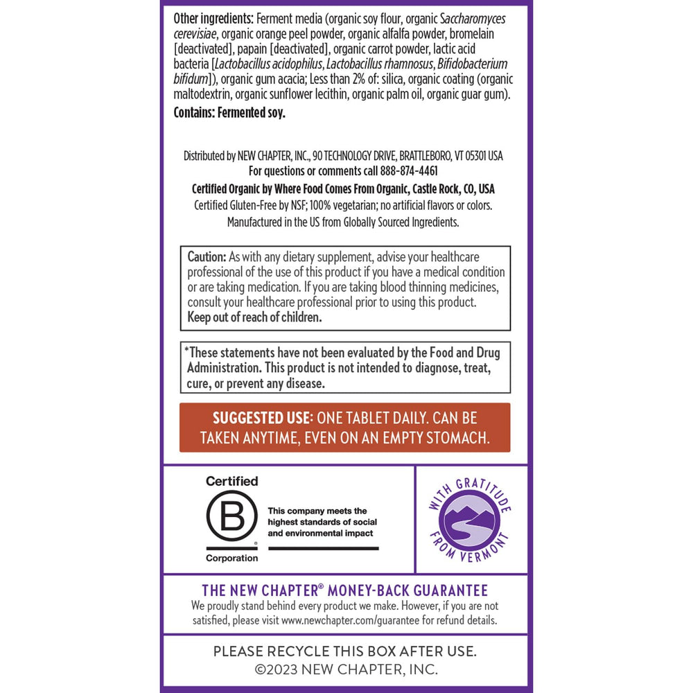 New Chapter Men's Multivitamin digestibility note demonstrates ginger and chamomile aiding stomach comfort.