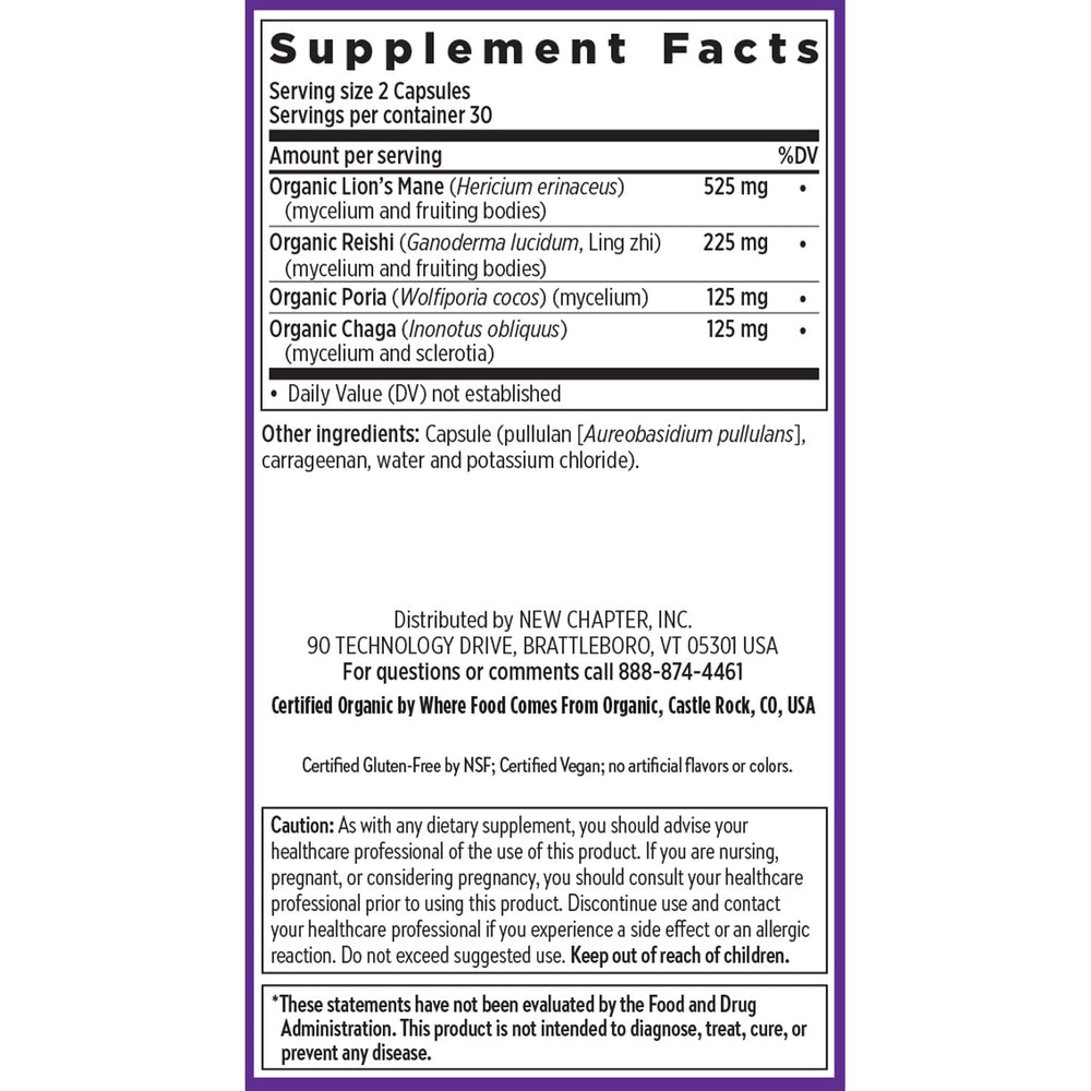 New Chapter Mind Shield ingredients label highlighting organic, non-GMO sources
