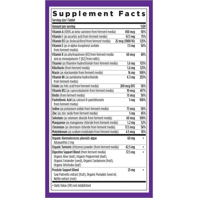New Chapter multivitamin for men 50 plus packaging highlighting organic ingredients and fermentation.