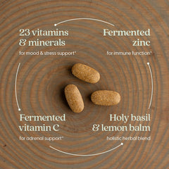 New Chapter Perfect Calm capsules with water illustrate easy, gentle daily supplementation.
