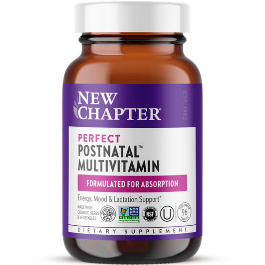 New Chapter Perfect Postnatal bottle shows organic ingredients for new moms.