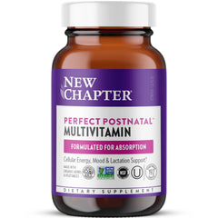 New Chapter postnatal vitamins bottle, gentle fermentation supports smooth absorption.