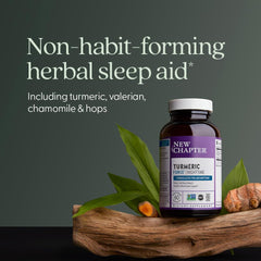 New Chapter Turmeric Force Nighttime lemon balm shot suggests serene evenings.
